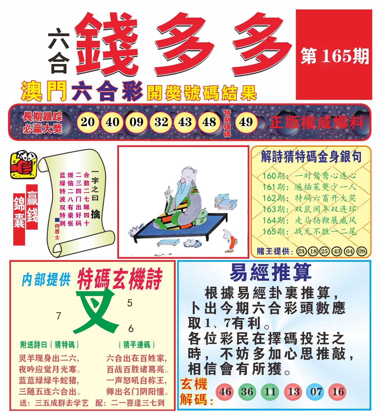 澳门钱多多B 第165期