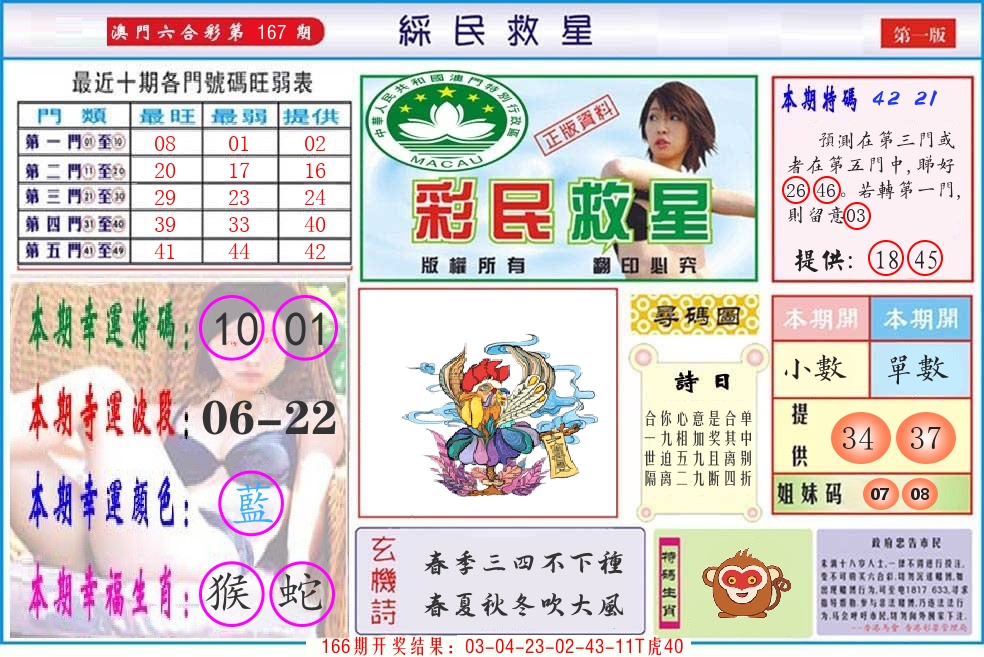 澳门彩民救星 第167期