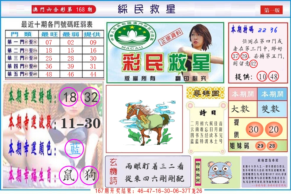 澳门彩民救星 第168期
