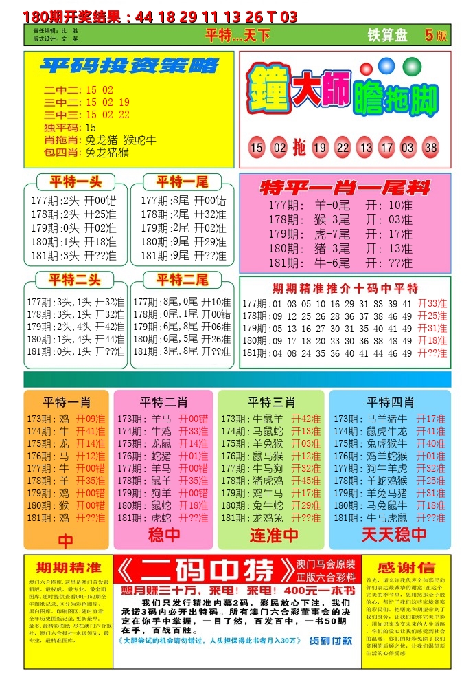 澳门铁算盘D 第181期