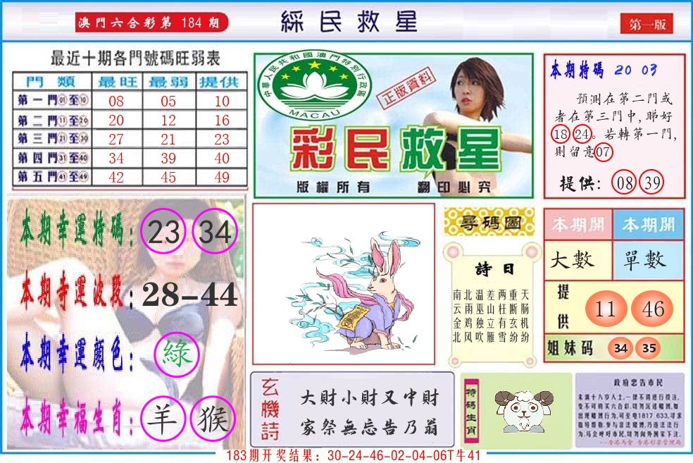 澳门彩民救星 第184期