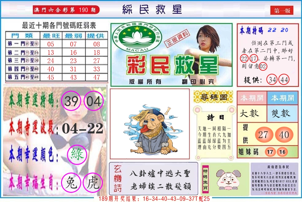 澳门彩民救星 第190期