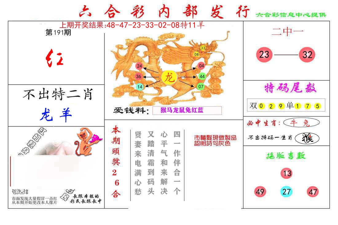 六合彩内部发行 第191期