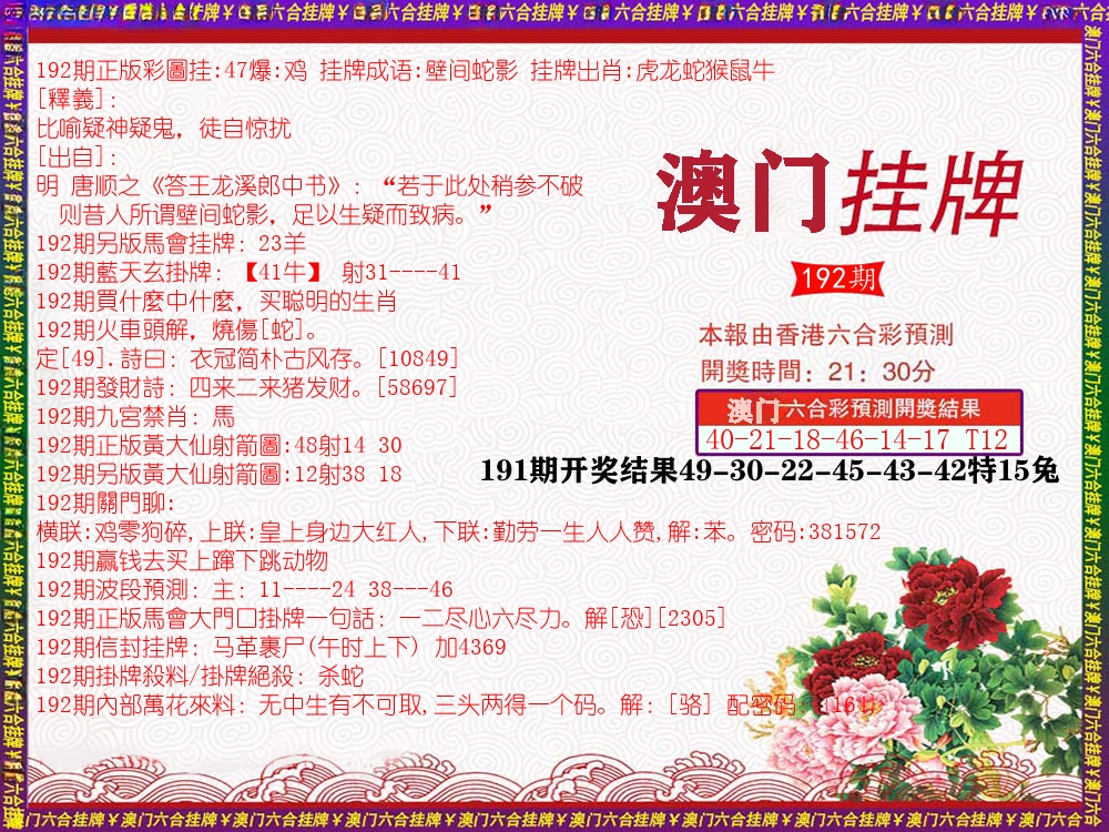 澳门挂牌 第192期
