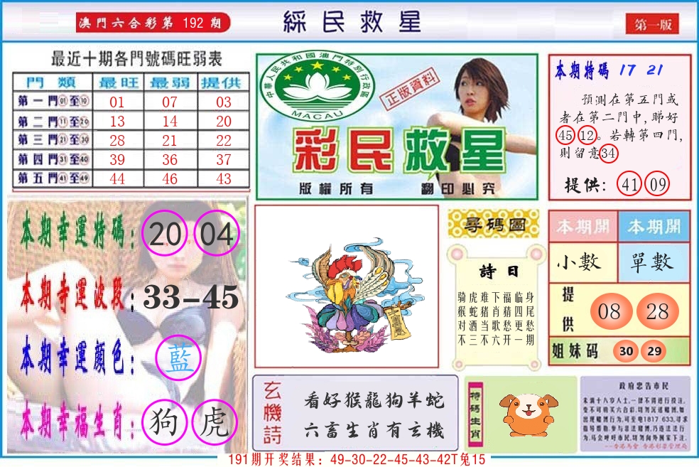 澳门彩民救星 第192期
