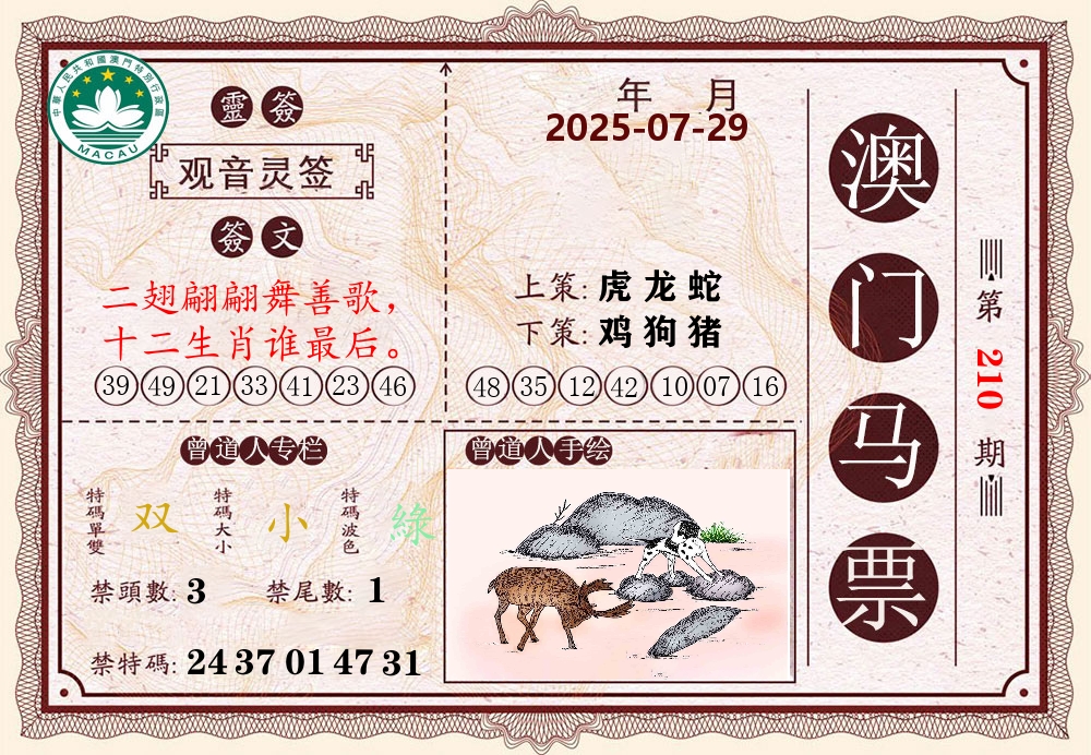澳门马票 第210期