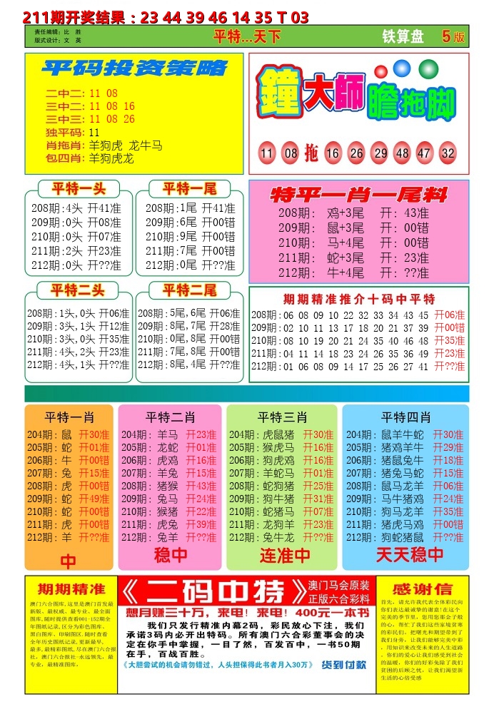 澳门铁算盘D 第212期