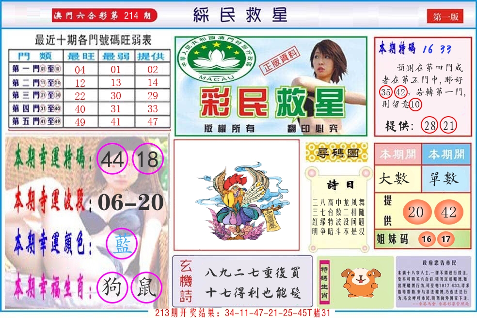 澳门彩民救星 第214期