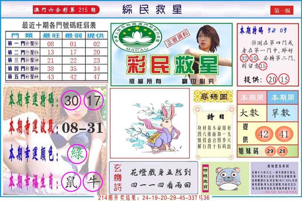 澳门彩民救星 第215期
