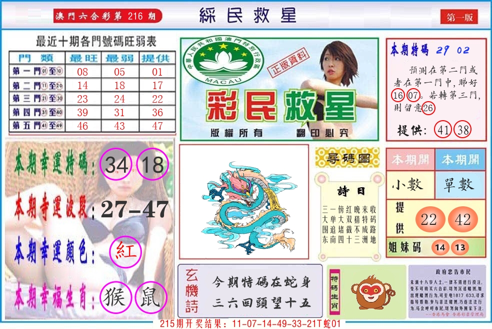 澳门彩民救星 第216期