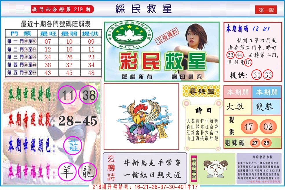 澳门彩民救星 第219期