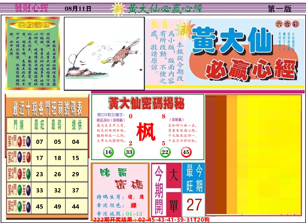 黄大仙必赢心经 第223期