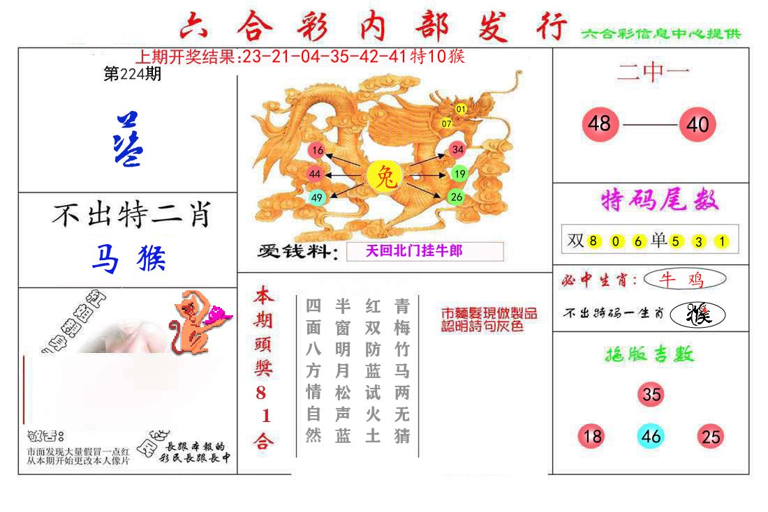 六合彩内部发行 第224期