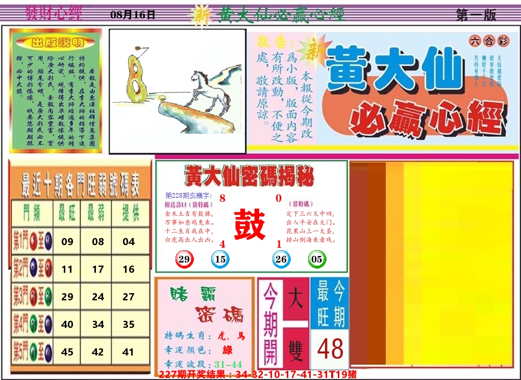 黄大仙必赢心经 第228期