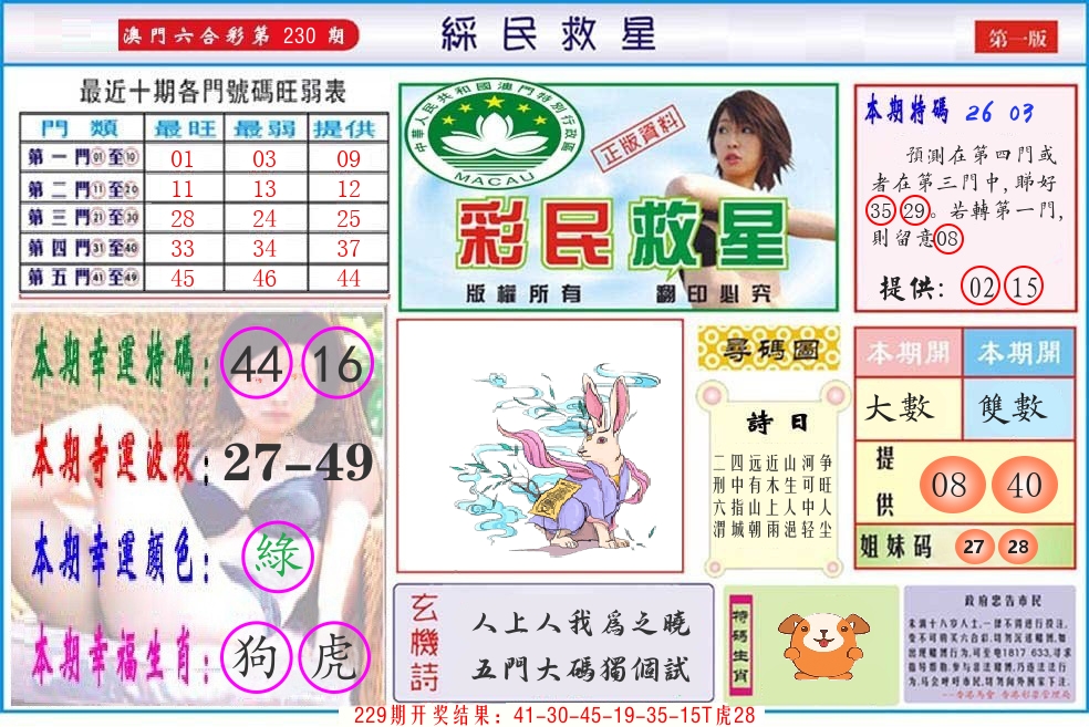 澳门彩民救星 第230期