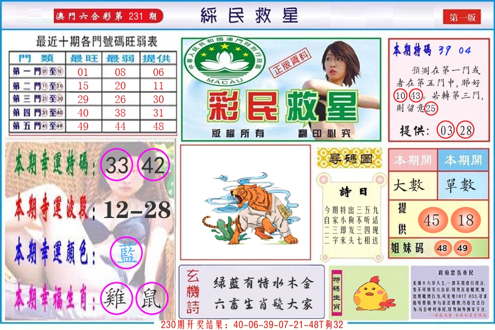 澳门彩民救星 第231期