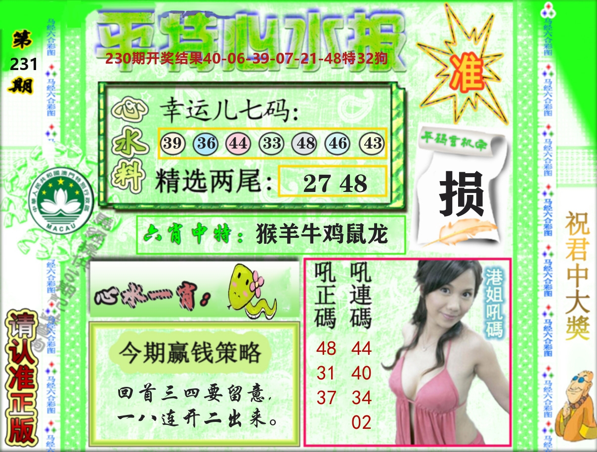 平特心水报 第231期