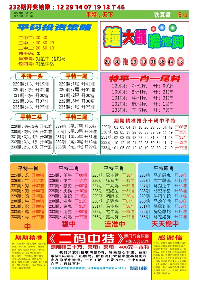 澳门铁算盘D 第233期
