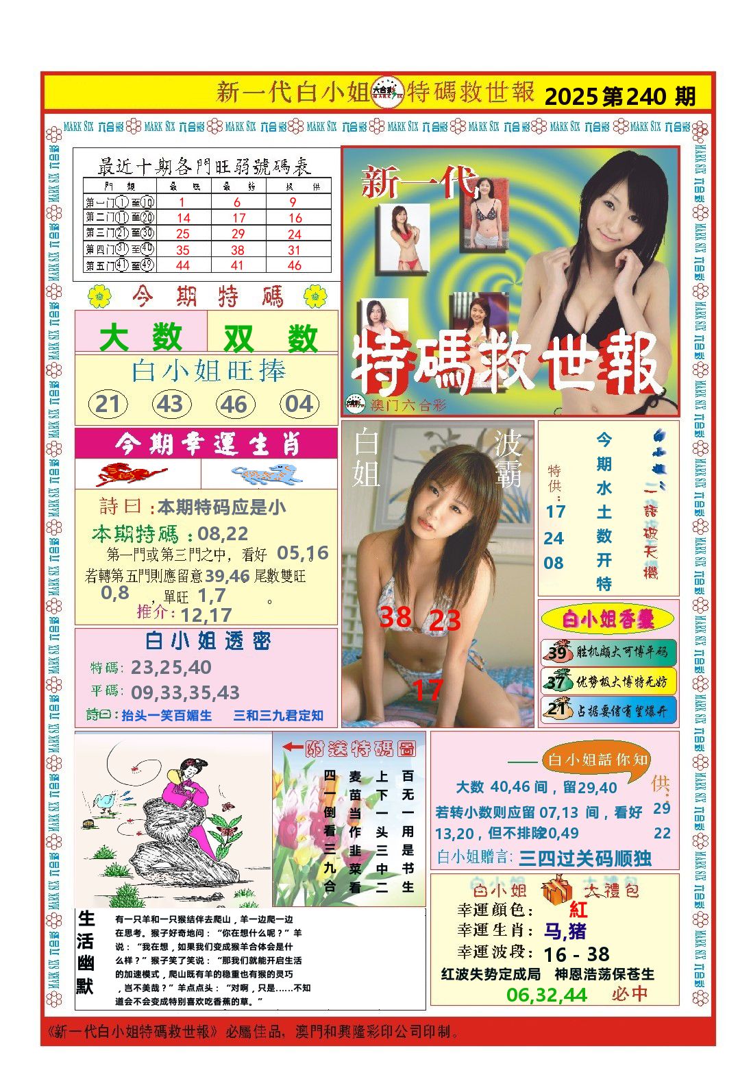 澳门特码救世报 第240期