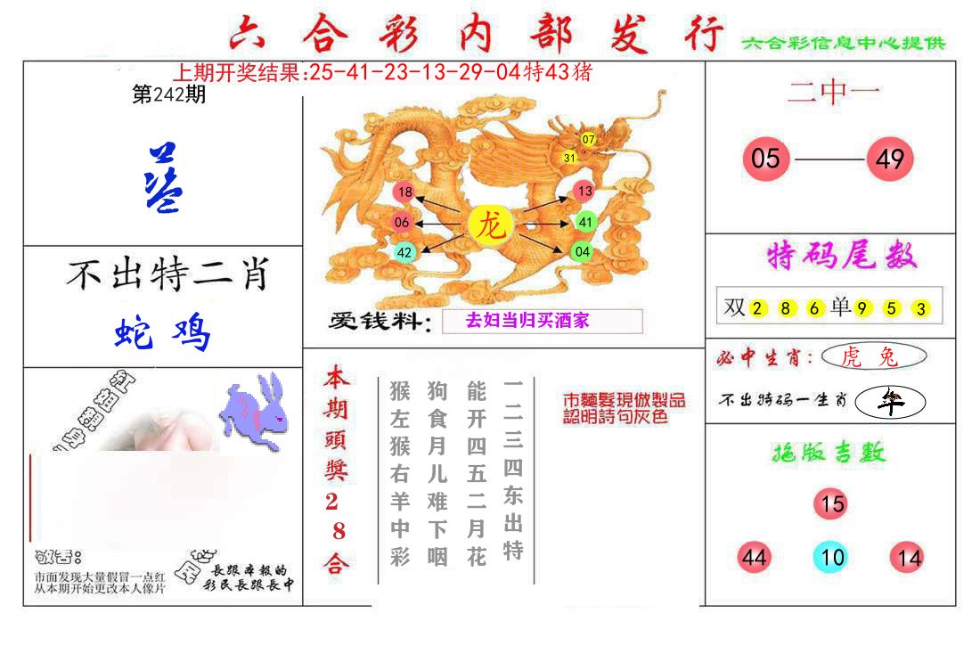 六合彩内部发行 第242期