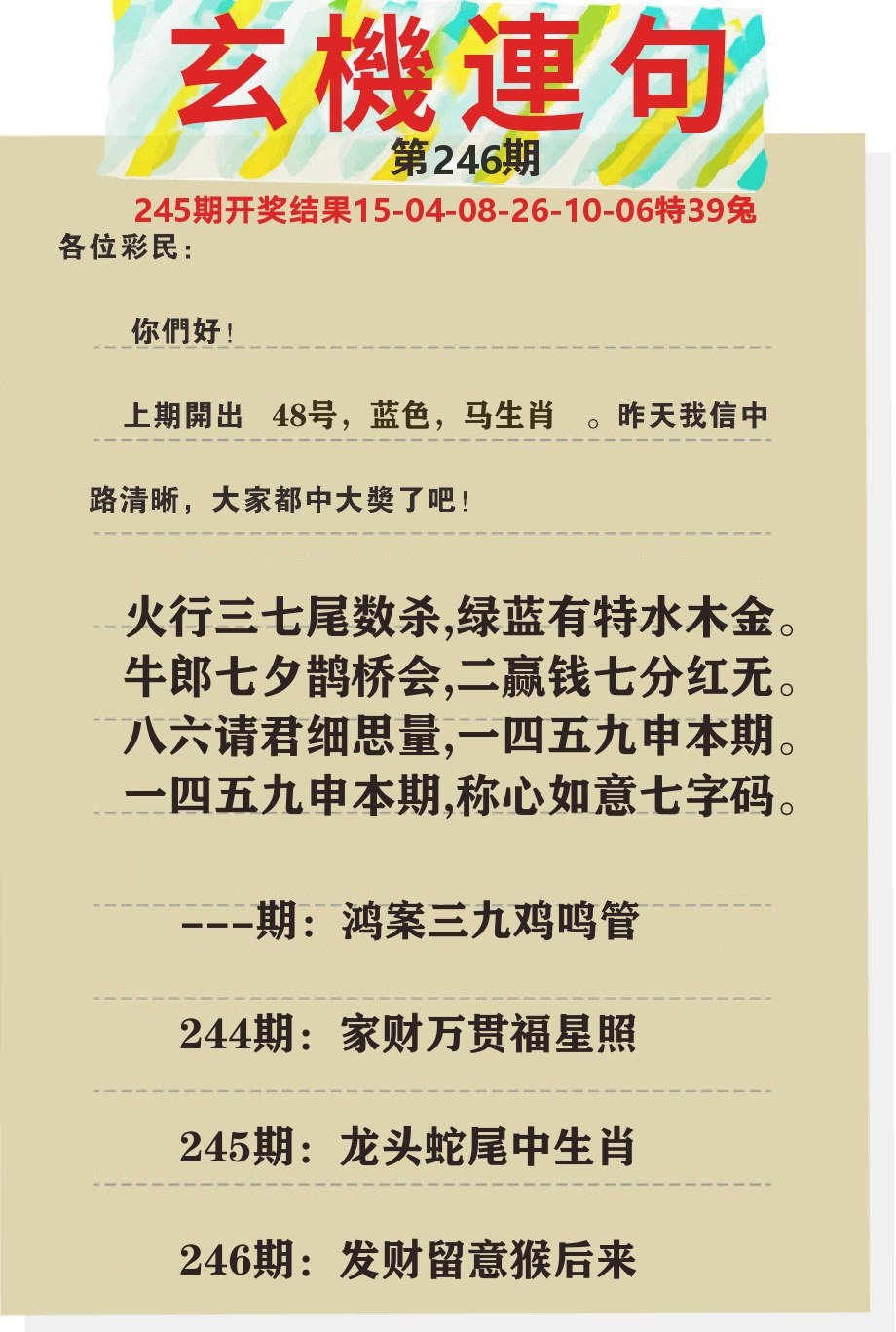澳门特码王C 第246期