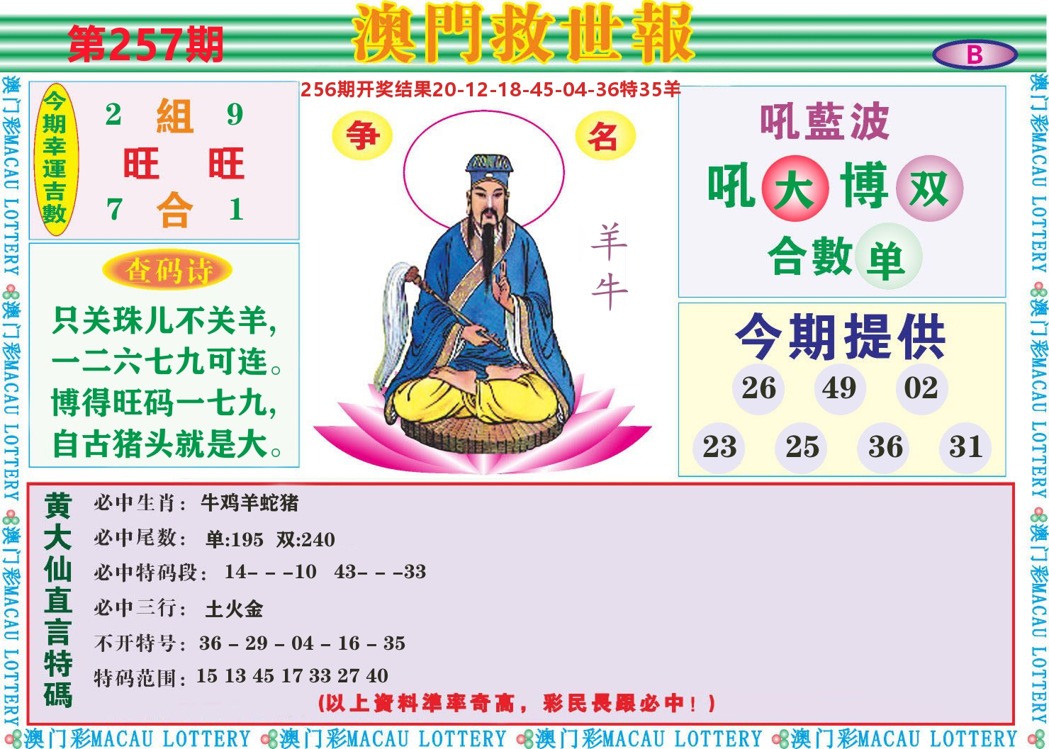 七星彩图B 第257期