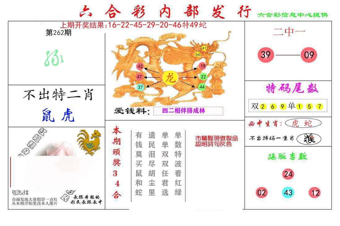 六合彩内部发行 第262期