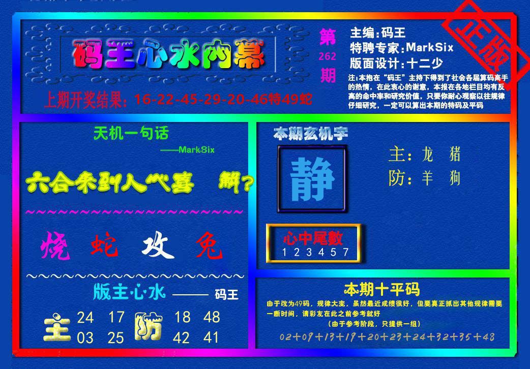 码王心水内幕 第262期