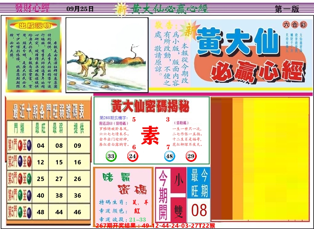 黄大仙必赢心经 第268期