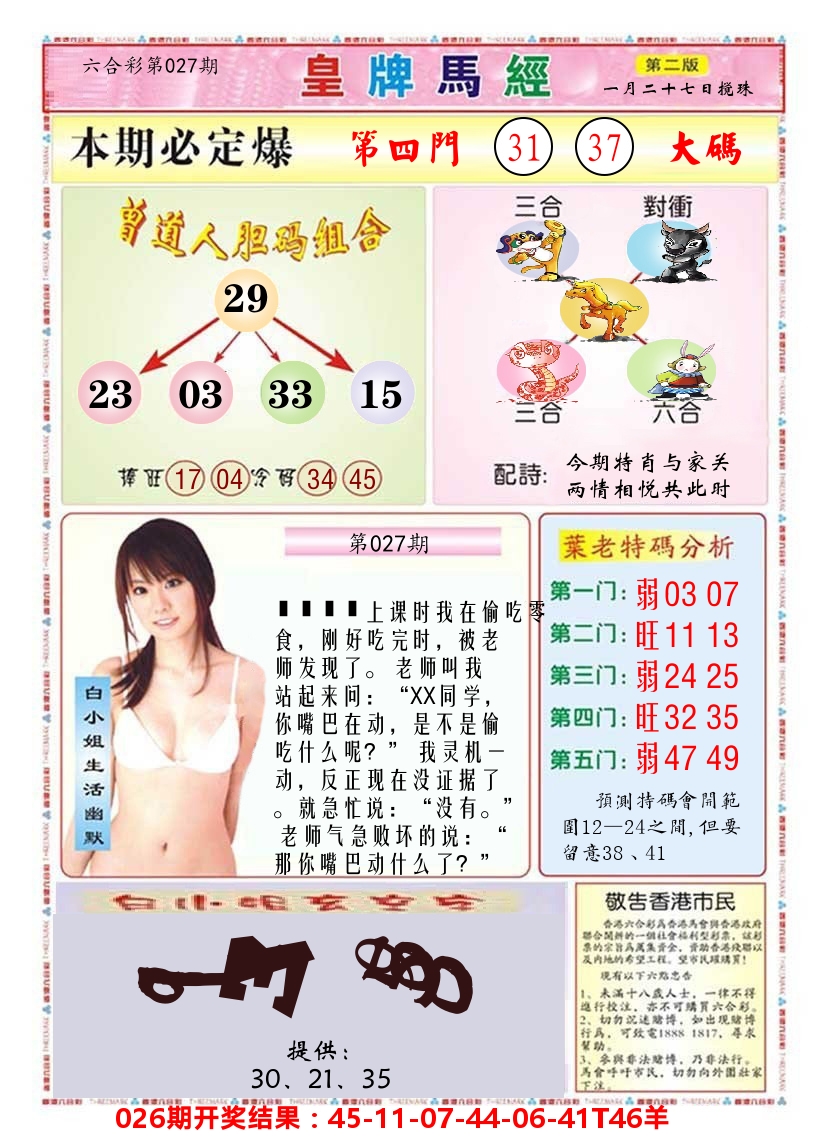 澳门皇牌马经B 第27期