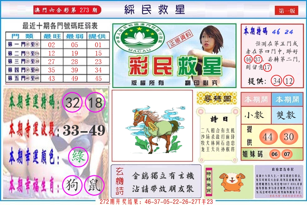 澳门彩民救星 第273期
