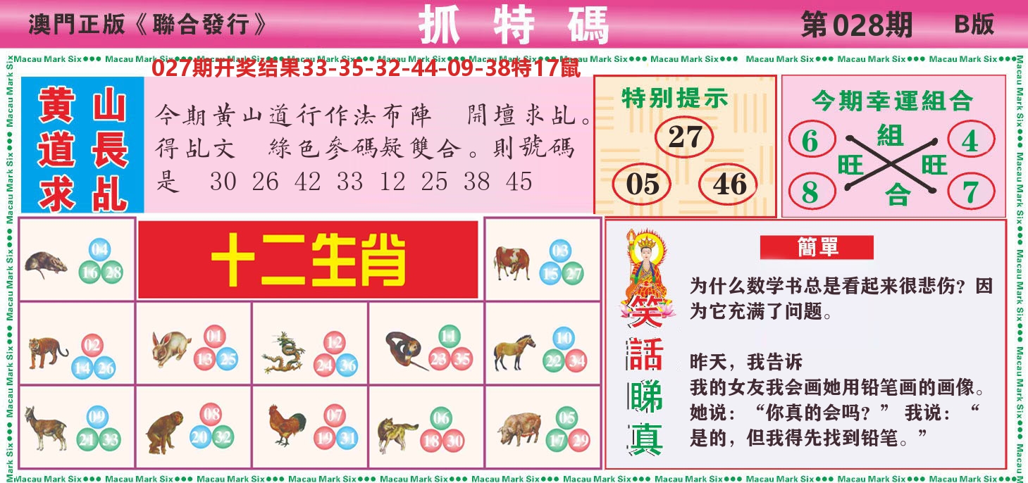 澳门抓特码B 第28期