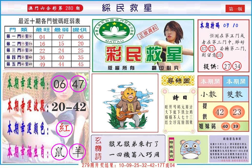 澳门彩民救星 第280期