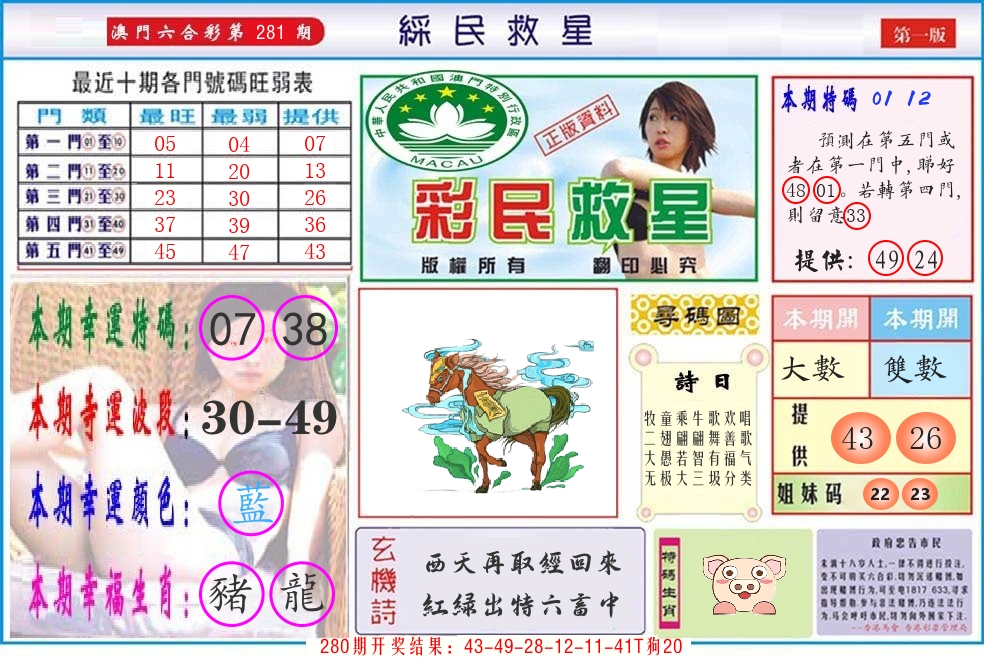 澳门彩民救星 第281期