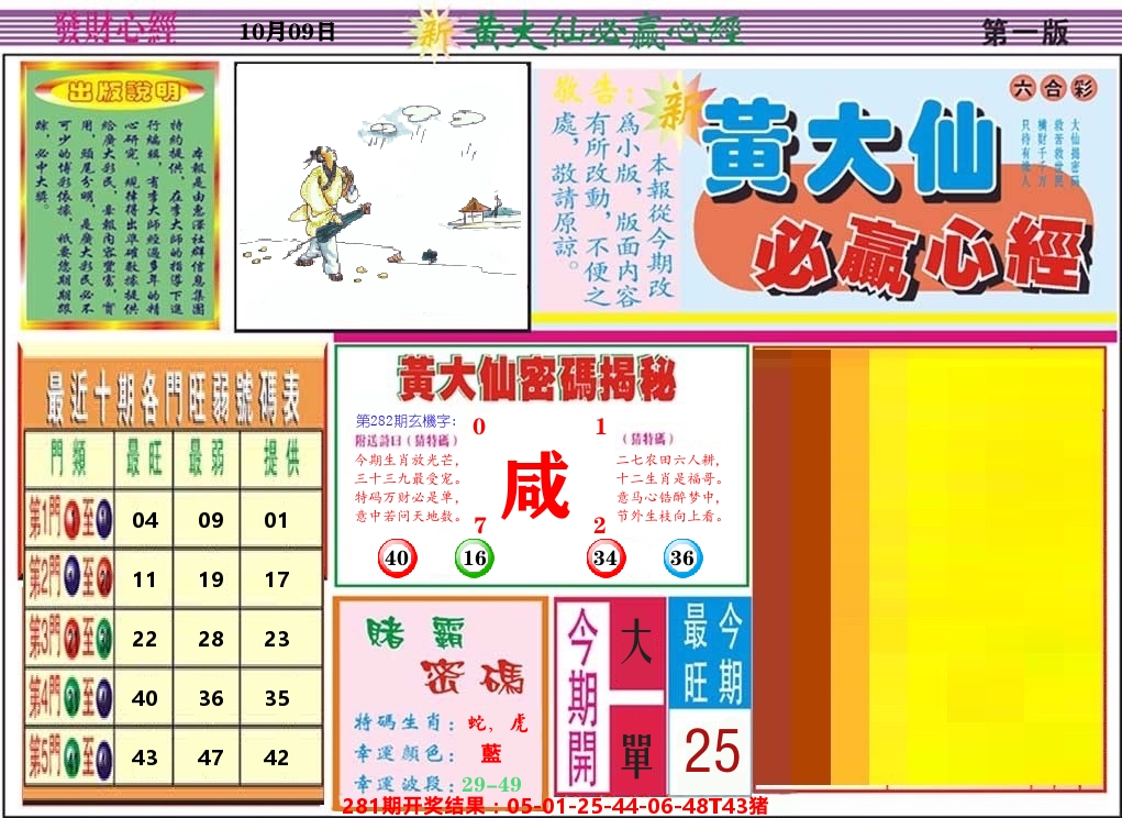 黄大仙必赢心经 第282期