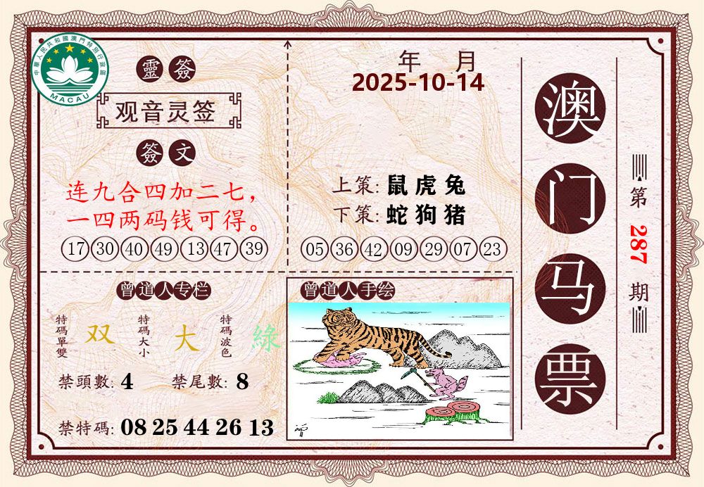 澳门马票 第287期