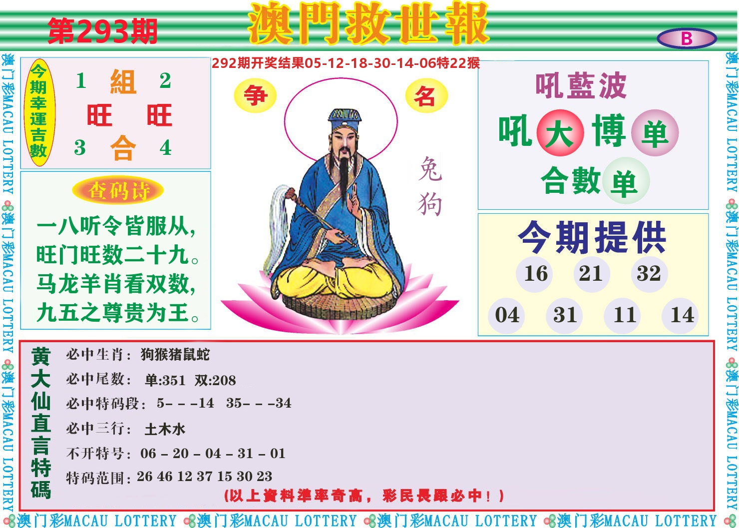 七星彩图B 第293期