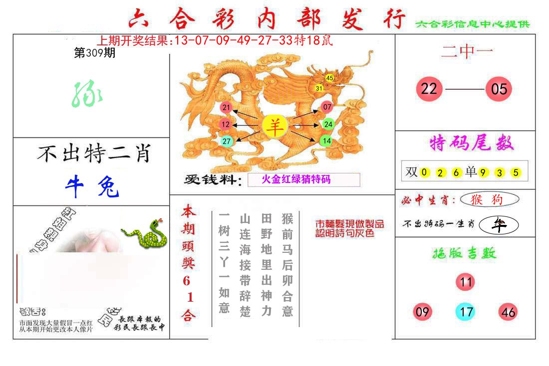 六合彩内部发行 第309期