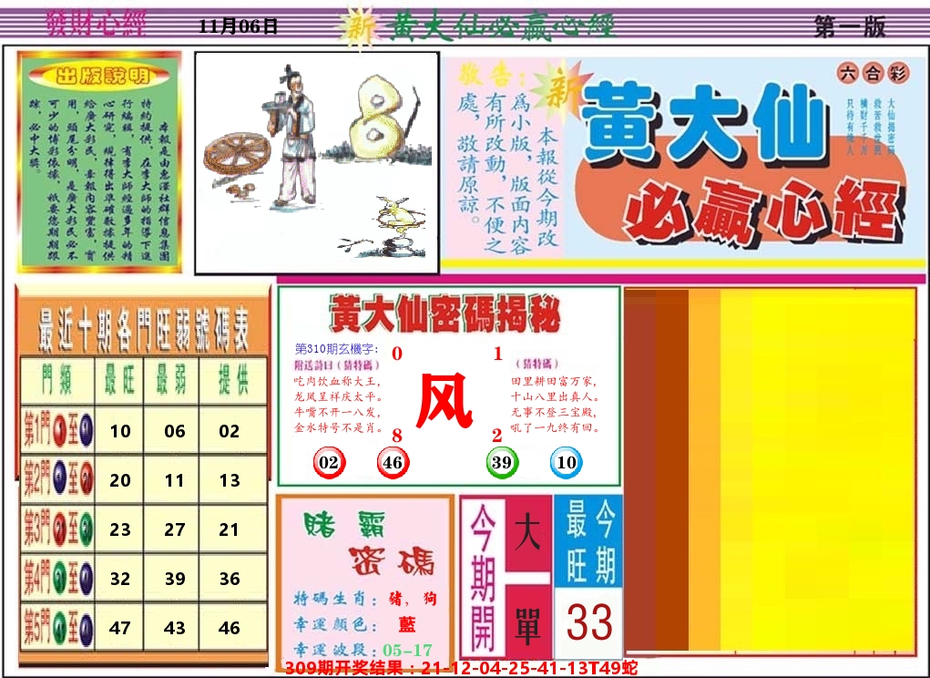 黄大仙必赢心经 第310期