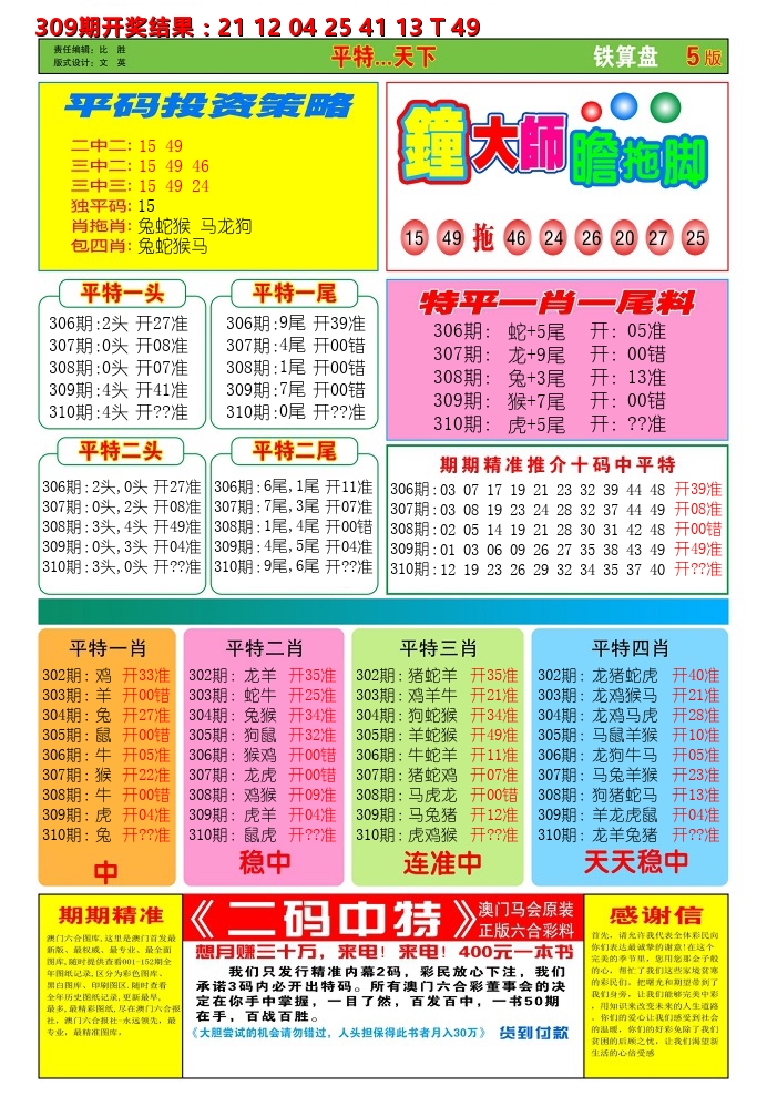 澳门铁算盘D 第310期