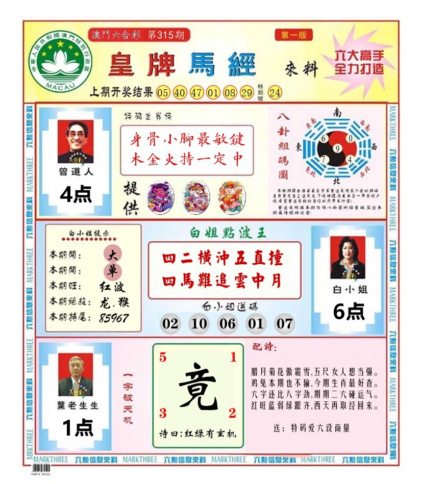 澳门皇牌马经 第315期