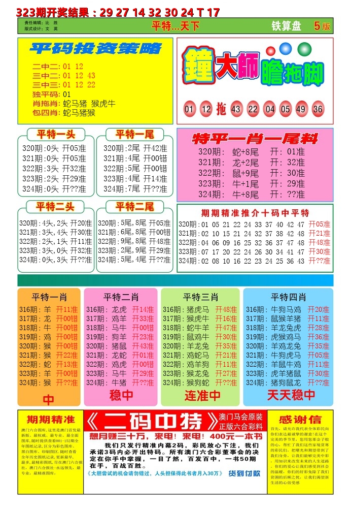 澳门铁算盘D 第324期
