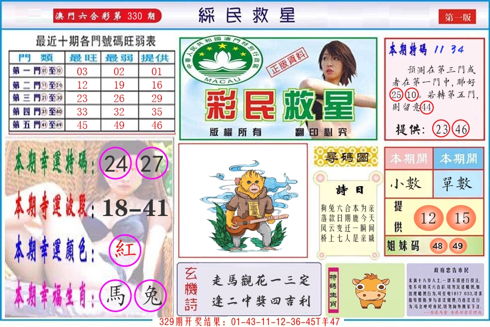 澳门彩民救星 第330期