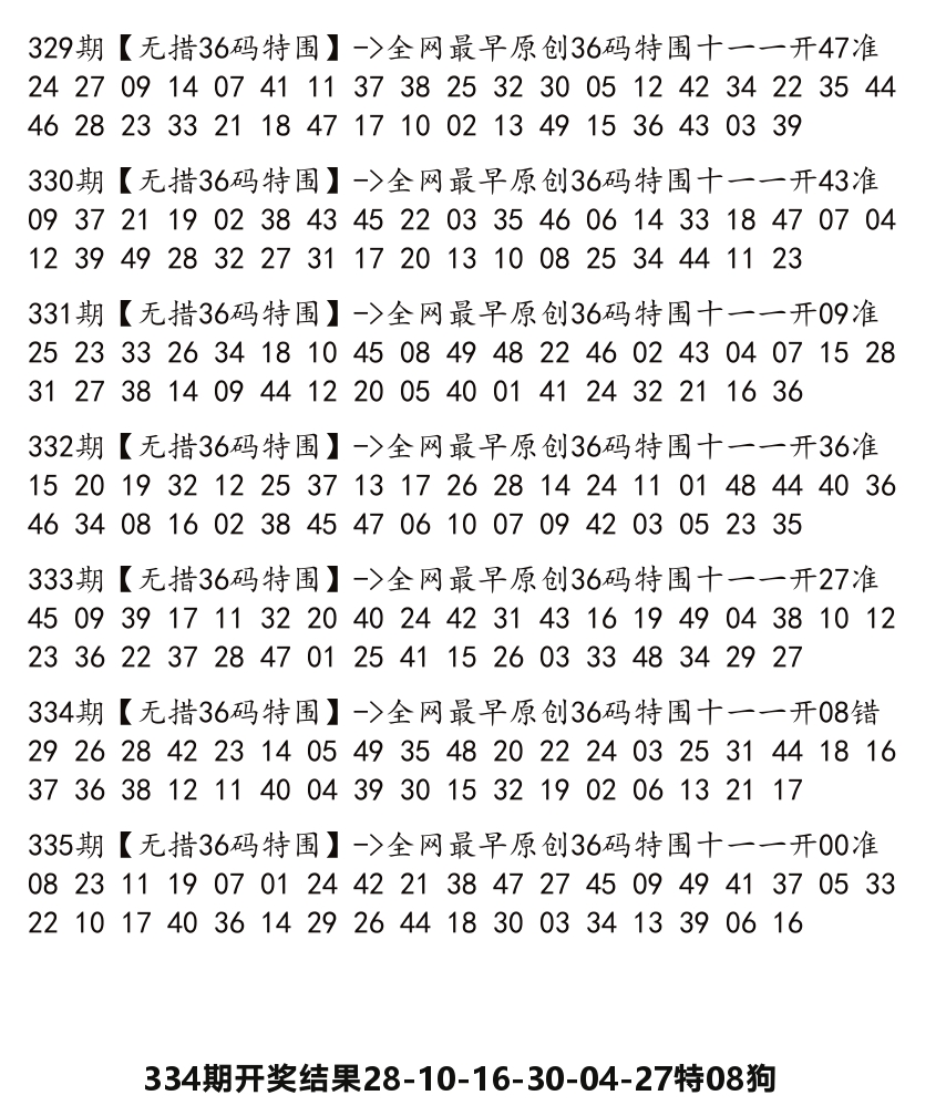 无错三十六码 第335期