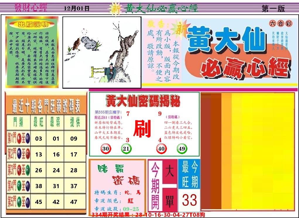 黄大仙必赢心经 第335期
