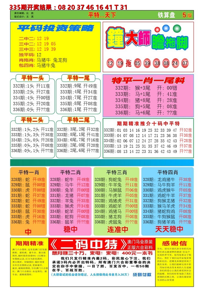 澳门铁算盘D 第336期