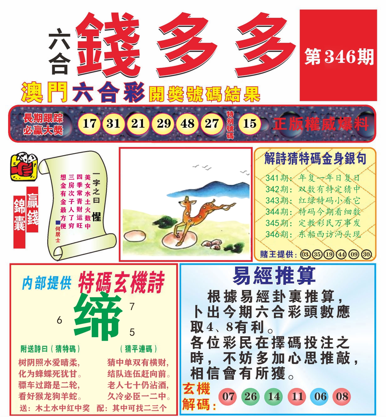 澳门钱多多B 第346期