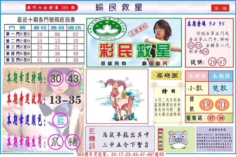 澳门彩民救星 第365期