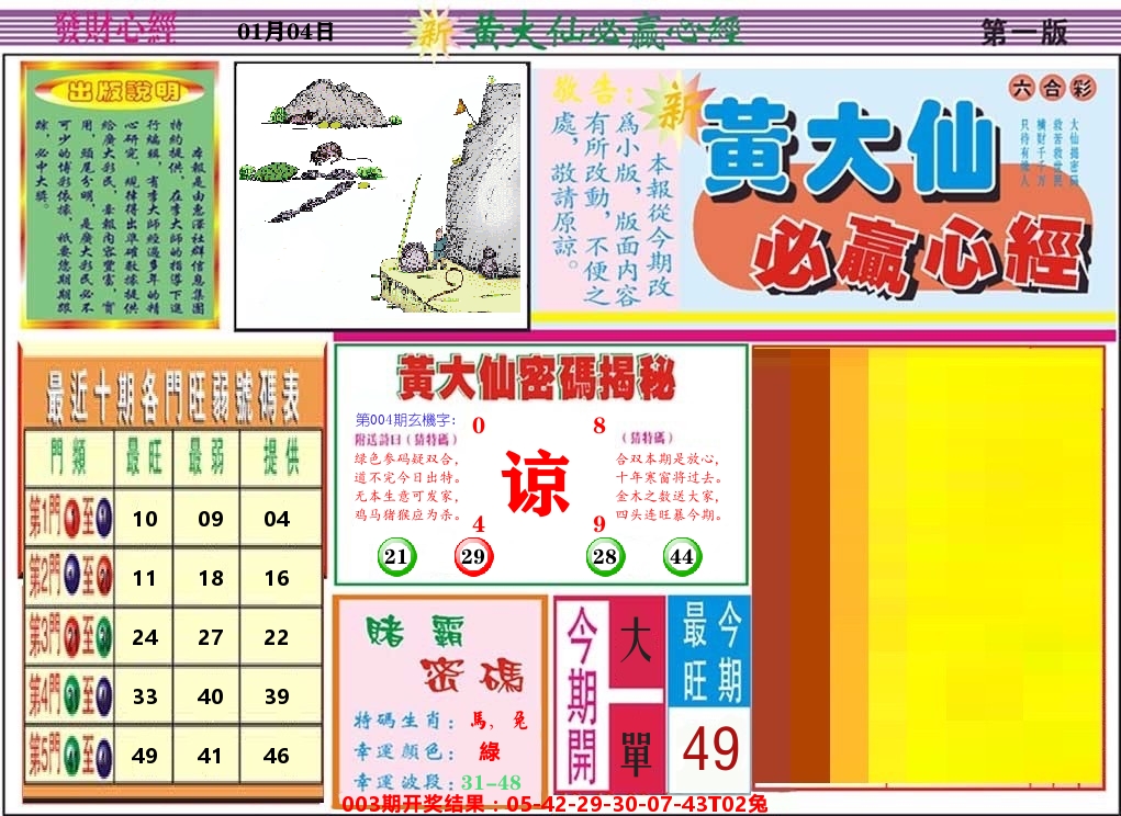 黄大仙必赢心经 第4期