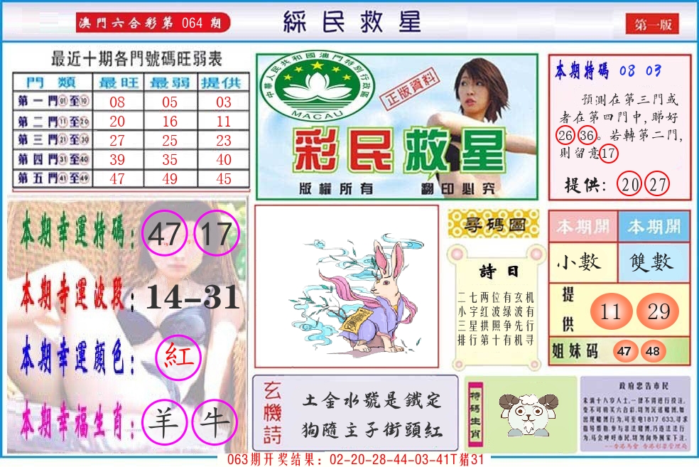 澳门彩民救星 第64期